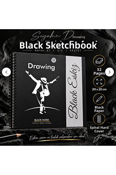 DreamArtgalery Black Sketchbook 20X20 cm Black Paper Drawing Notebook 32 Shee...