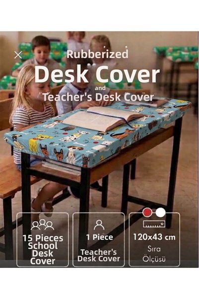 KEDİ Cute Patterned Elastic Dog-Themed Table Cover and Teacher Tablecloth Set 15 Table Covers 1 Teacher Tablecloth