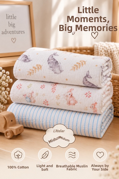 L' Atelier MiDuMi Baby, Unisex, 100% Cotton, Striped, Whale and Rabbit Patter...