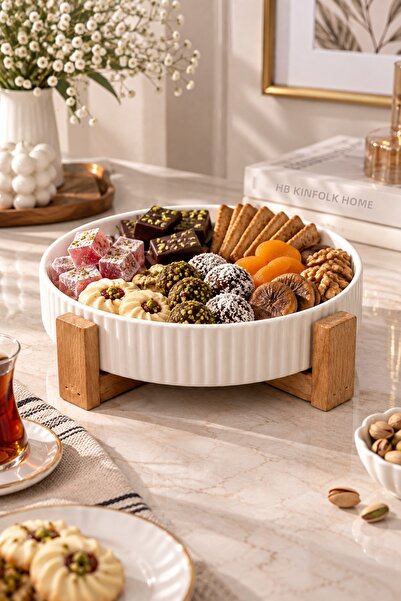 YzHome Porcelain Serving Presentation Plate with Wooden Stand, Serving Bowl