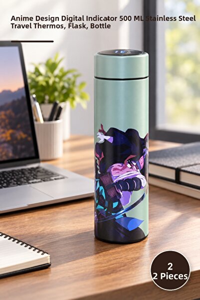 Yenilig 2 pieces thermos - anime printed digital display 500 ml stainless ste...