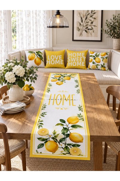 HOMESSA Yellow Lemon Home Sweet Home 4-Piece Cushion Cover and Runner Set