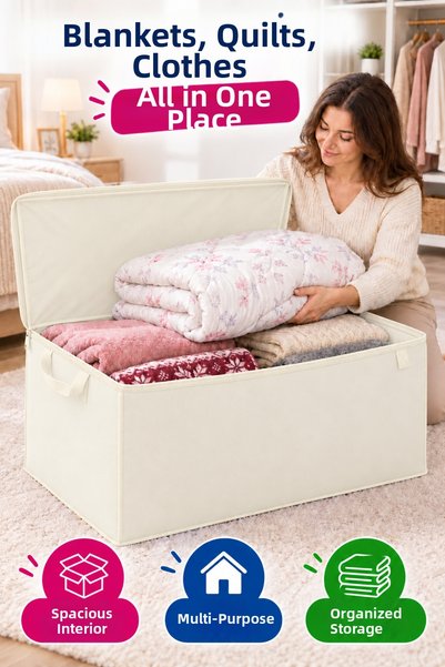 OpenCity Large Storage Box 100X50X50 cm with Zipper Cover and Carrying Handle for Quilts, Blankets, Clothes Storage Box Cream