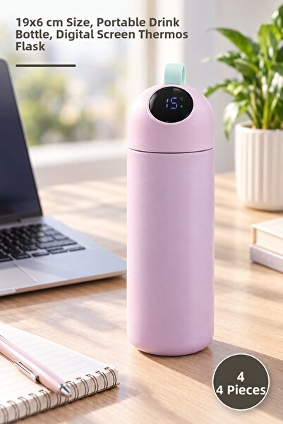 Yenilig 4 pieces digital display thermos - 19x6 cm size, portable drink bottl...