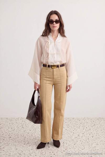 Trendyol Collection Petite Beige High Waist Stitching Detailed Wide Leg Jeans...