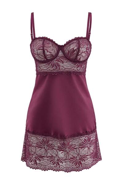 Trendyol Collection Plum Strap Satin/Lace Babydoll/Fantasy Nightgown Thmaw27L...
