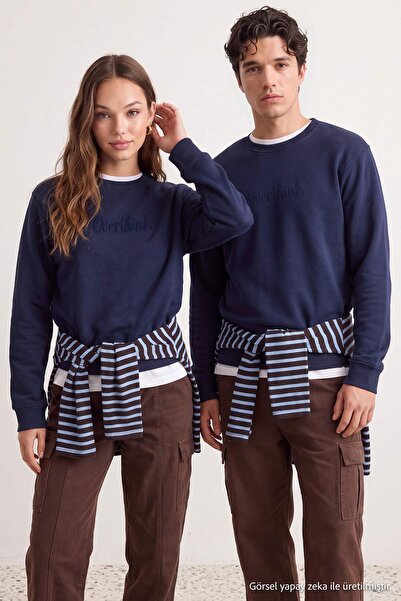 Trendyol Collection Navy Blue Unisex Oversize Slogan Embroidered 3 Thread Kni...