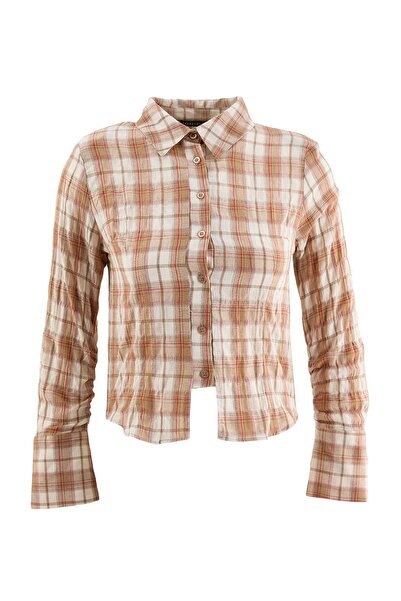 Trendyol Collection Petite Plaid Fitted Shirt with Gathered Sleeves Twoaw27Go...