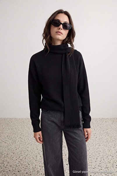 Trendyol Modest Black Plain Single Layer Knitwear with Soft Textured Shawl Ti...