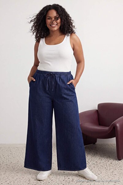 Trendyol Curve Koyu Mavi DÖKÜMLÜ Beli Lastikli Yüksek Bel Wide Leg Jeans TBBA...