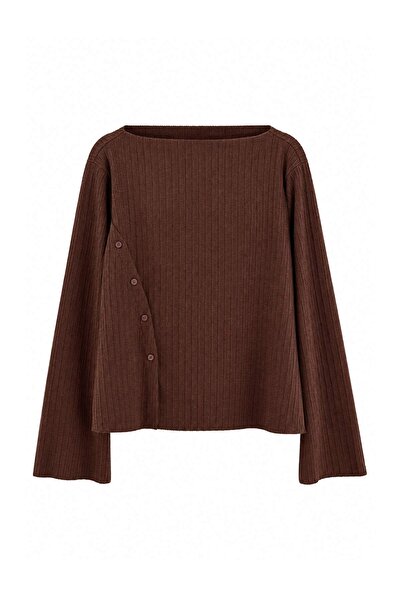Trendyol Curve Brown Button Detailed Asymmetrical Bodycon Stretch Knitted Blo...