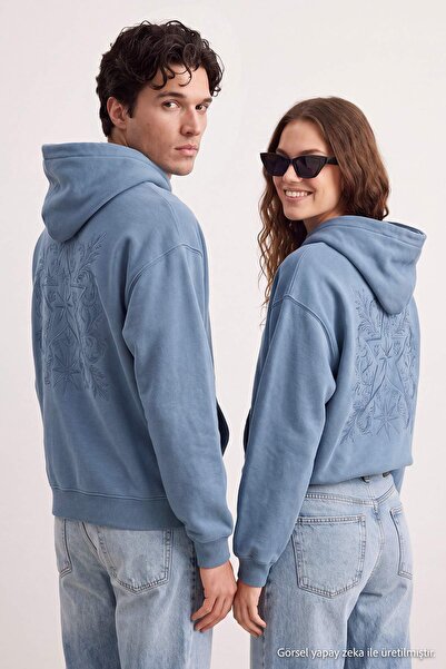 Trendyol Collection Dirty Blue Oversize/Wide Cut Hooded Sweatshirt with Embro...