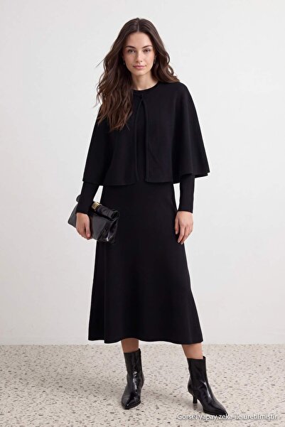 Trendyol Modest Black Plain Buttoned Cape Knitwear Hijab Dress Tctaw27Eb00041