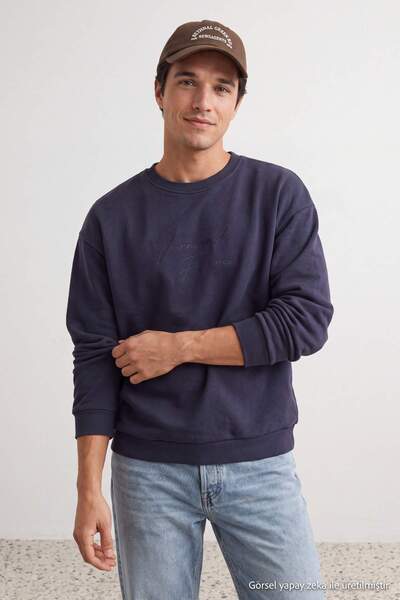 Trendyol Collection Anthracite Oversize/Wide Cut Letter Embroidered Thick Fle...