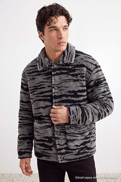 TRENDYOL MAN Antrasit Oversize/Geniş Kesim Desenli Şerpa Kalın Mont TMNAW27MO...