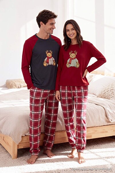 Trendyol Collection Women's Burgundy 100% Cotton Christmas Themed Plaid Knitt...
