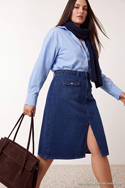 Trendyol Curve Blue High Waist Belt Detailed Slit A-Line Denim Plus Size Skir...