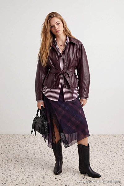 Trendyol Collection Black Plaid Patterned Tulle Lace Detailed Stretch Skirt T...