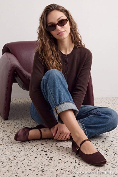 TRENDYOL SHOES Kahverengi Saten Mary Jane Bantlı Yuvarlak Burun Kadın Babet T...
