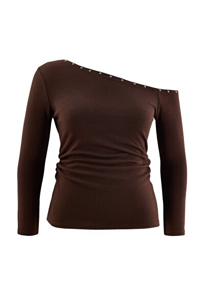 Trendyol Curve Brown Trok Detailed Asymmetric Collar Viscose Ribbed Knitted P...