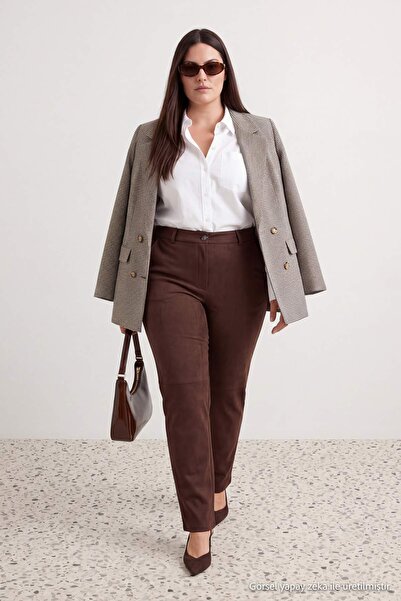 Trendyol Curve Brown Suede Woven Large Size Trousers Tbbaw27Ar00026
