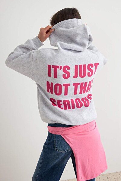 Trendyol Collection Gray Melange Thick Fleece Inside Slogan Standard Fit Hood...
