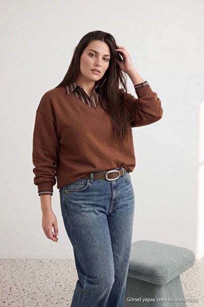Trendyol Curve Brown V-Neck Basic Fleece Lined Oversized Sweatshirt Tbbaw26Ao...