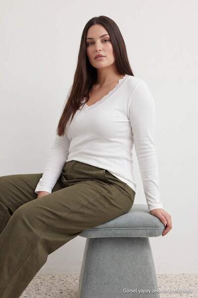 Trendyol Curve Ecru V-Neck Lace Detailed Ribbed Fitted/Fitted Cotton Stretch ...