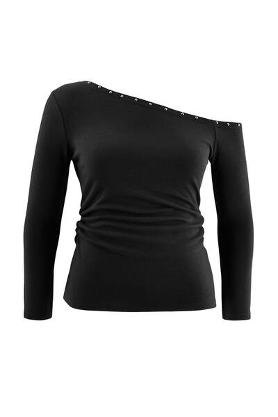 Trendyol Curve Black Trok Detailed Asymmetric Collar Viscose Ribbed Knitted P...