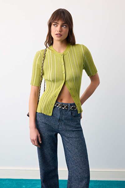 Trendyol Collection Oil Green Cotton Blend Ribbed Knitwear Blouse Twoaw27Bz00304