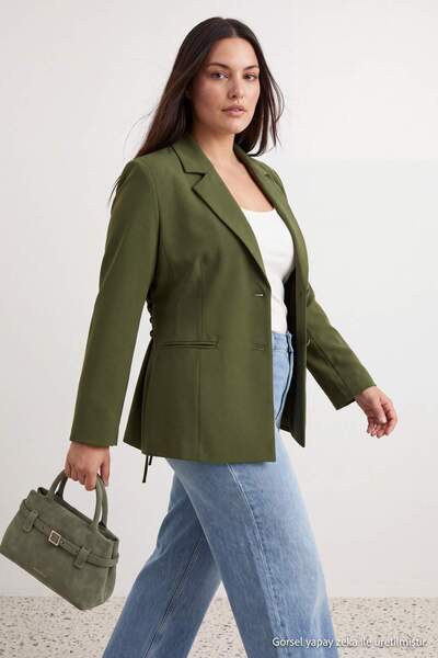 Trendyol Curve Khaki Fitted/Waist-Fitting Woven Blazer Jacket with Tie-Back D...