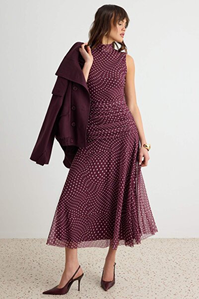 Trendyol Collection Burgundy Skater/Waist Open Polka Dot High Neck Sleeveless...