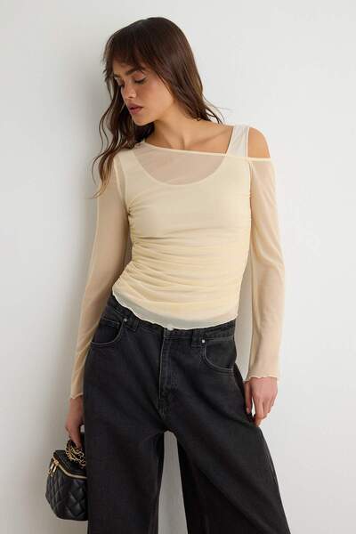 Trendyol Collection Stone Fitted/Asymmetrical Neckline Long Sleeve Gathered T...