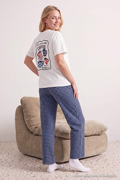 Trendyol Collection Ecru Cotton Blended Lycra Back Printed Diamond Pattern Kn...