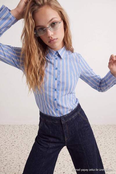 Trendyol Collection Blue-Multicolor Striped Fitted Cotton Lycra Shirt Twoaw27...