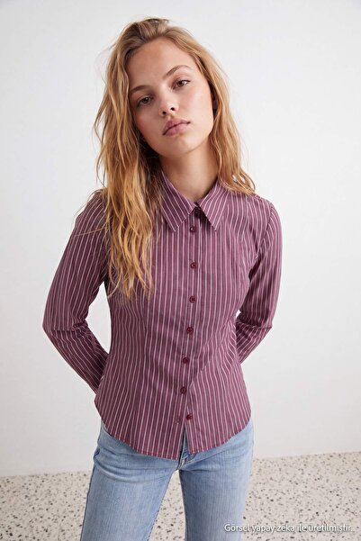 Trendyol Collection Burgundy Striped Fitted Cotton Lycra Shirt Twoaw27Go00085