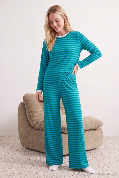 Trendyol Collection Blue-Green Striped Double Collar Detailed Knitted Pajama ...