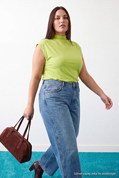 Trendyol Curve Lime Stand Collar Sleeveless Viscose Knitted Plus Size Blouse ...
