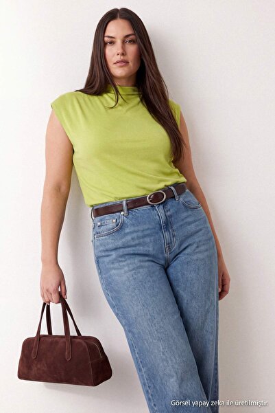 Trendyol Curve Lime Stand Collar Sleeveless Viscose Knitted Plus Size Blouse ...