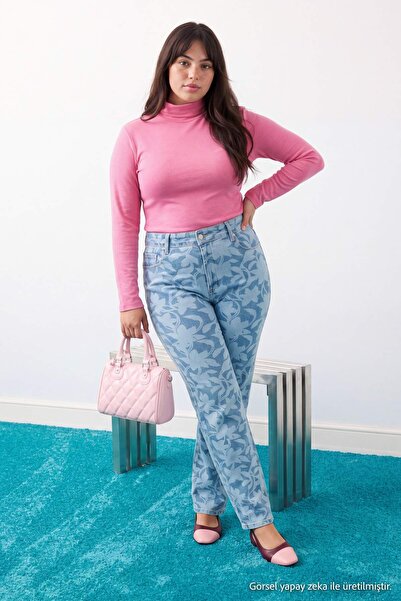 Trendyol Curve Mavi Çiçek Desenli Orta Esnek Yüksek Bel Wide Leg Jeans TBBAW2...