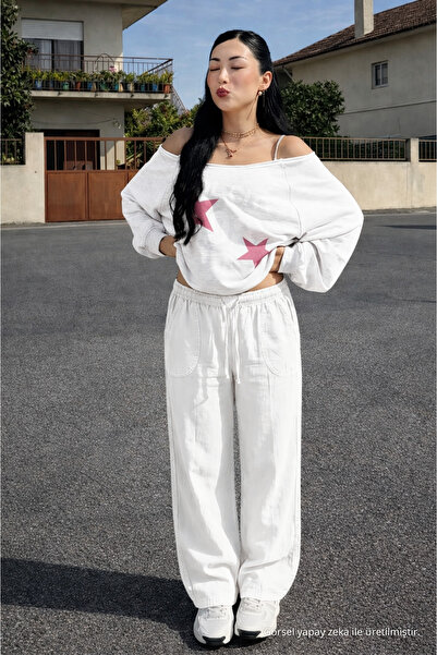 DAMGA JEANS Women's White Linen Trousers with Elastic Waist and Wide Legs