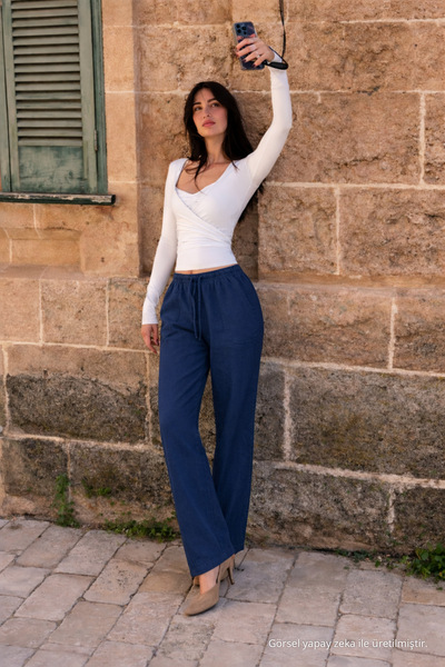 DAMGA JEANS Pantaloni de damă din in, albastru marin, cu talie elastică, mode...