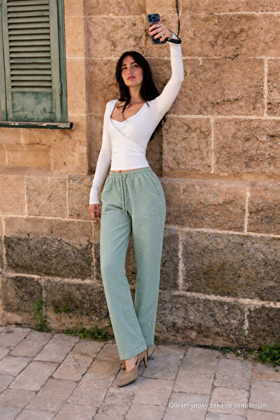 DAMGA JEANS Women's Elastic Waist Jogger S.Green Linen Trousers