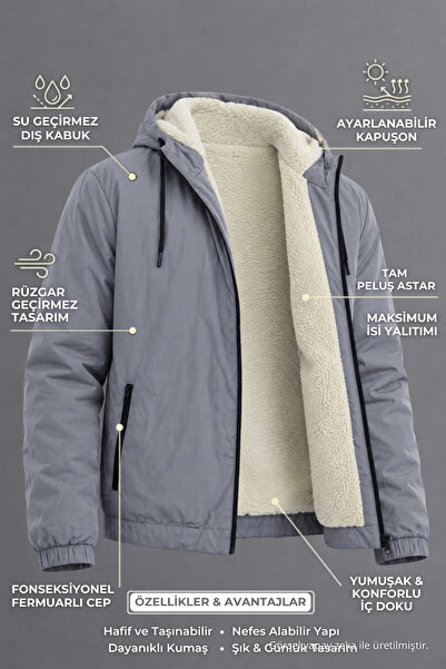 DAMGA JEANS Erkek İçi Peluşlu Günlük Basic Gri Yağmurluk & Rüzgarlık