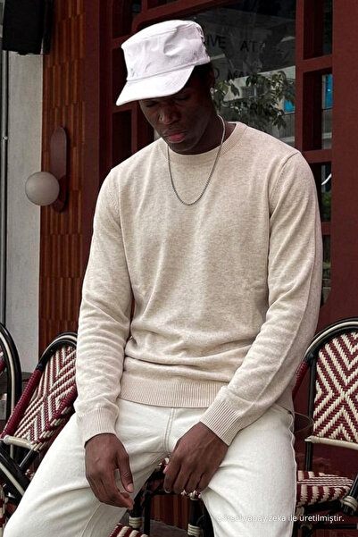 DAMGA JEANS Men's Crew Neck Long Beige Knit Sweater