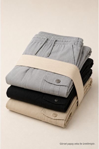 DAMGA JEANS Erkek Kargo Cepli 3 Lü Bol Keten Pantolon