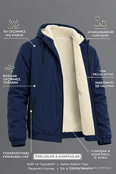 DAMGA JEANS Ανδρικό βελούδινο αδιάβροχο και αντιανεμικό μπουφάν σε σκούρο μπλ...