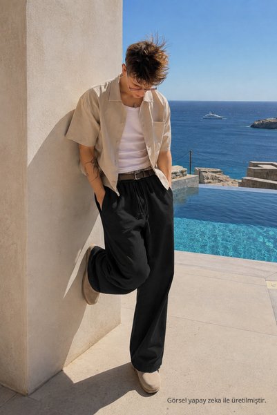 DAMGA JEANS Men's Summer Black Baggy Linen Trousers with Elastic Waist