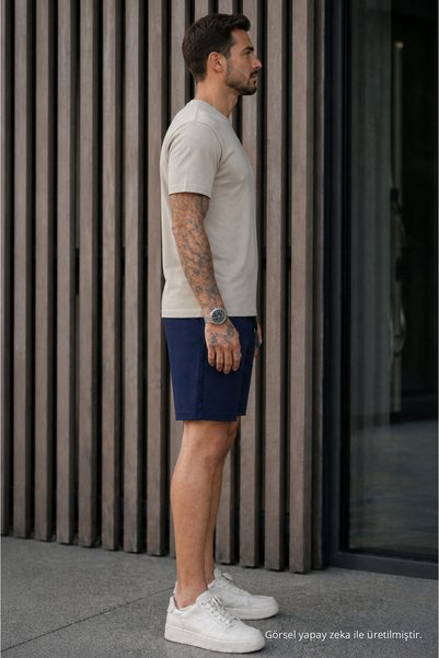 DAMGA JEANS Men's Regular Fit Pocketed Lace-Up Waist Navy Blue Basic Shorts