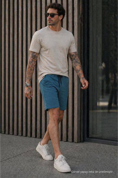 DAMGA JEANS شورت رجالي بقصة عادية وجيوب ورباط عند الخصر باللون النيلي الأساسي